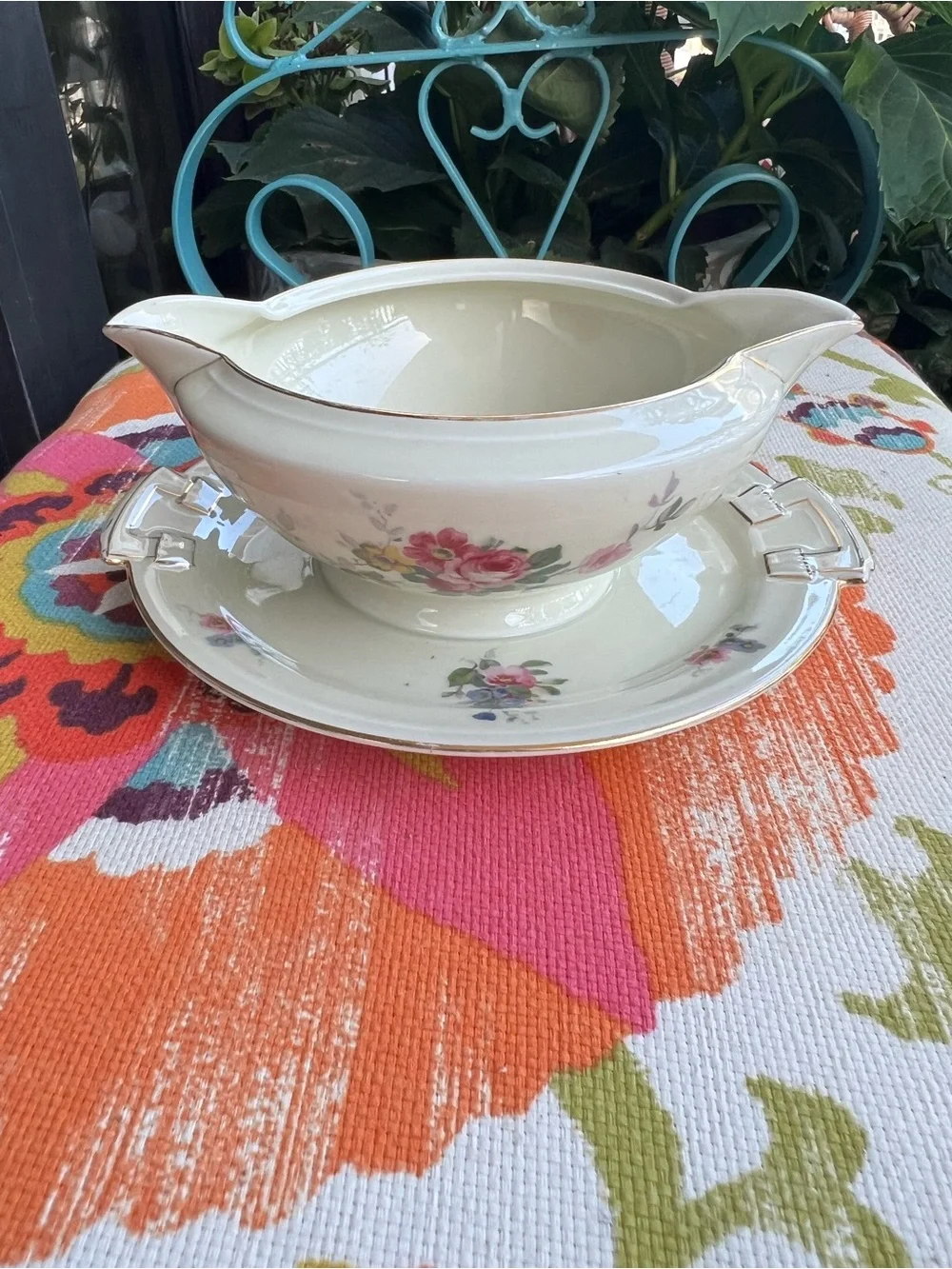 Vintage MECO Czechoslovakia Porcelain Gravy Boat Underplate Floral Gold Trim